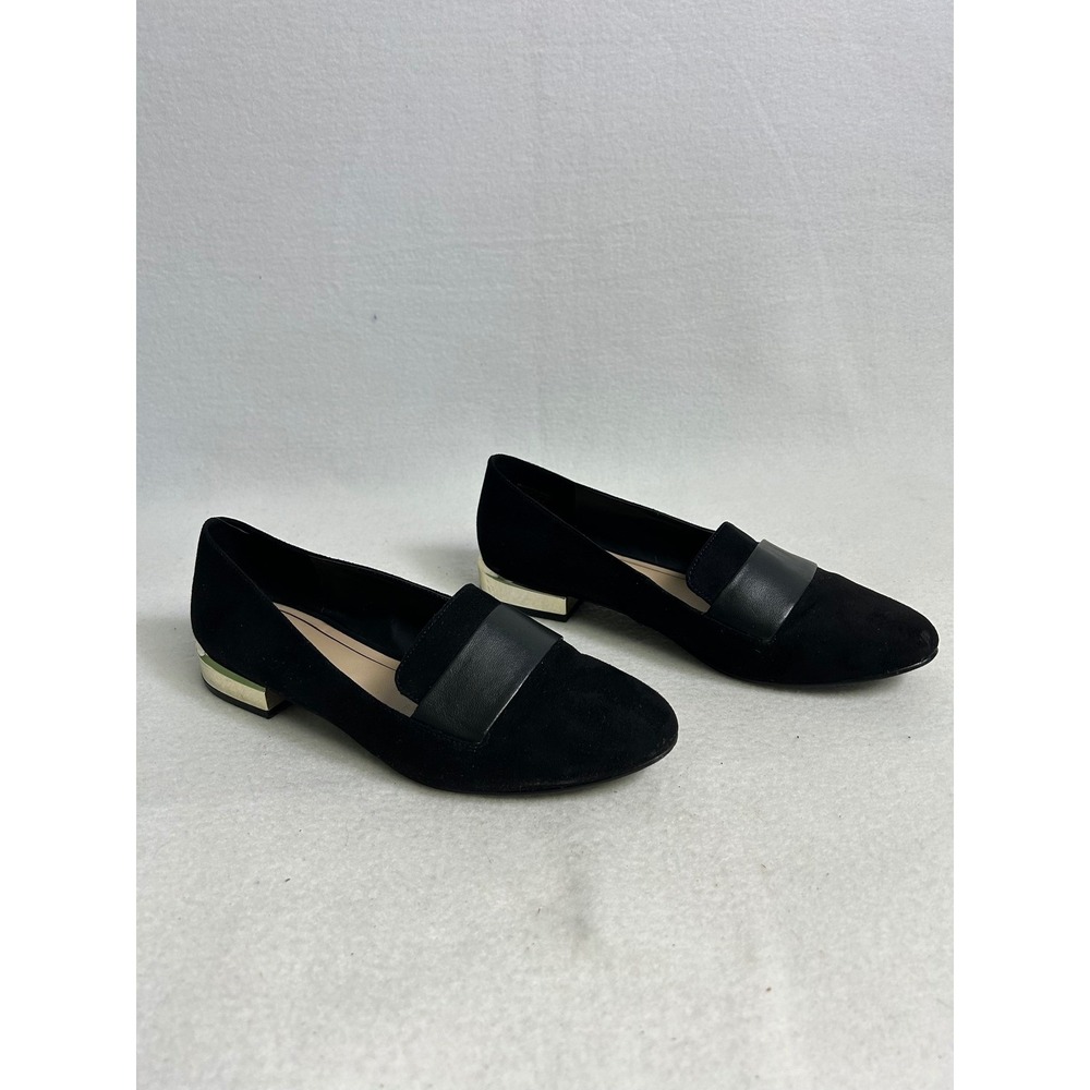 Corporate Chic Aldo Womens 8 Black Suede Gold Metallic Heel Pointed Toe Loafers